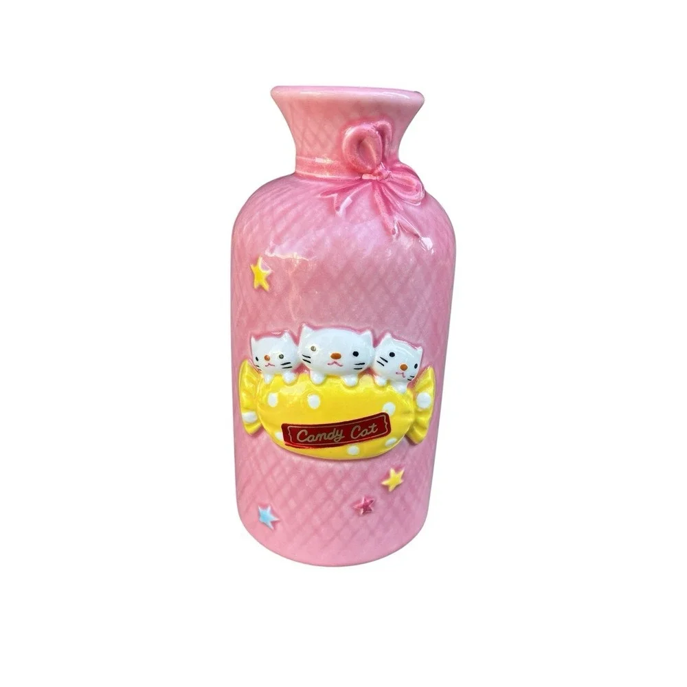 Vintage 1980s Fujika Japan Candy Cat Pink Ceramic Kawaii Bud Vase‎ Foil Label
